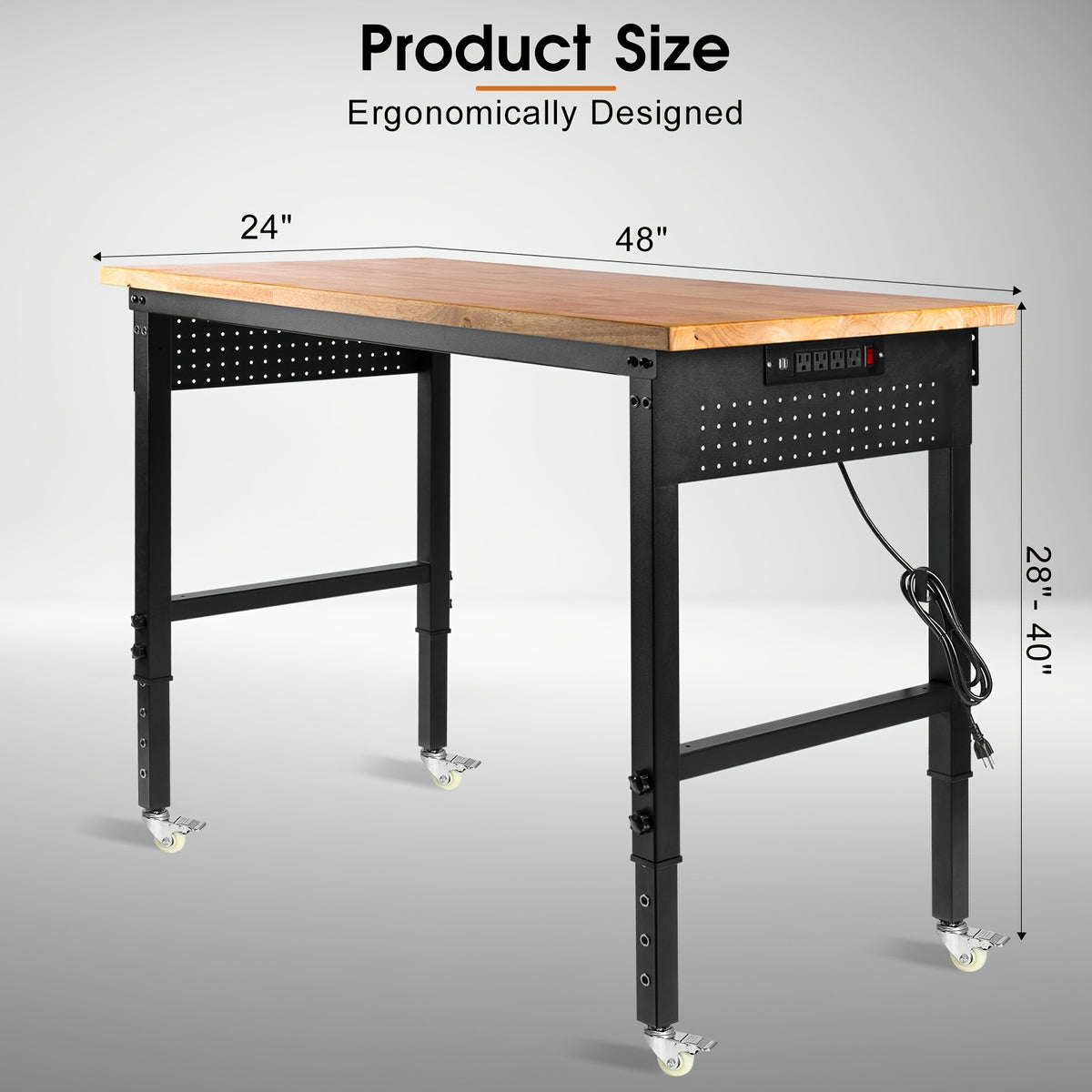 [Heavy Duty Workbench] 48"×24" Heavy Duty Workbench With Wheels, 2000 LBS Load Capacity Thick Solid Wood Work Table With Power Outlets, Pegboard, Work Bench For Garage, Office, Home, Workshop, Commercial