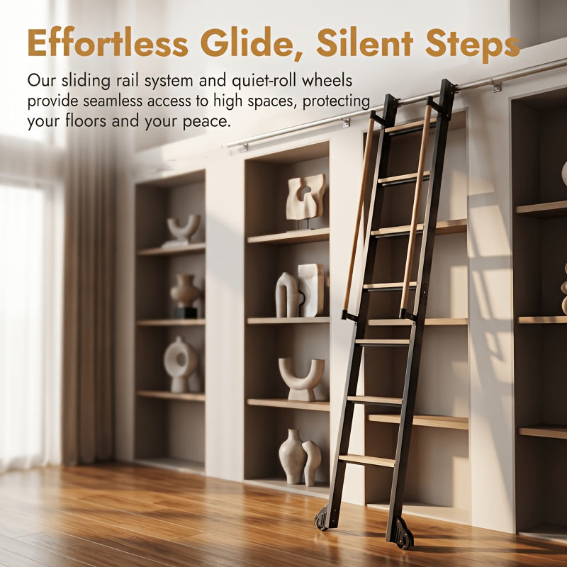 Rolling Library Ladder with 6.6' Slide Rails, 96' Roller Ladder with Wheels And Handrails, Space Saving Rail Mount Ladder for Bookshelf, Loft, Closet, Home