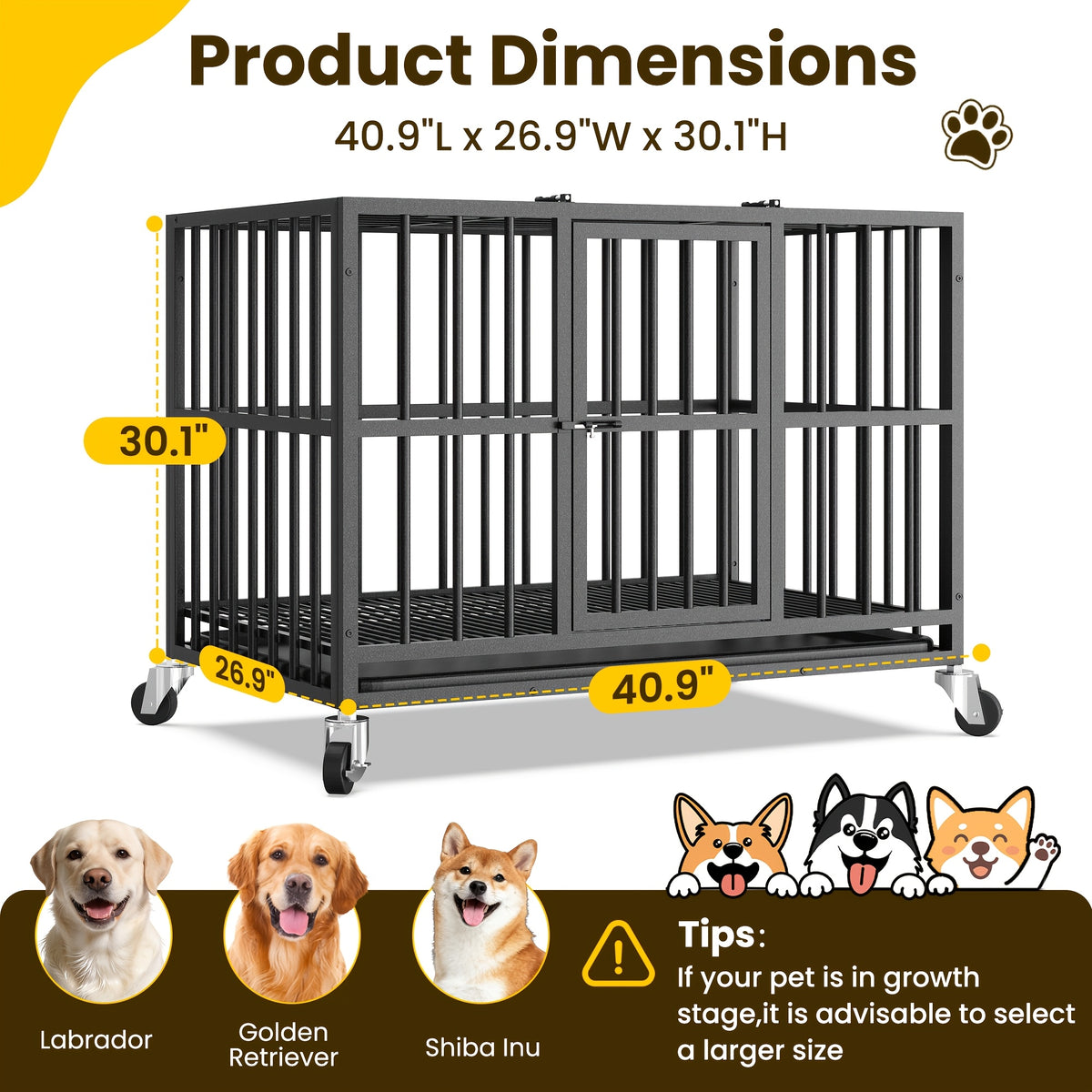 [Indoor Dog Crate] Heavy Duty Simple Version Round Pipe Iron Dog Crate, Indoor Double Door Dog Crate With Wheels With Removable Tray
