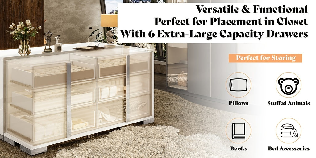 Modern 54" W High Gloss 6-Drawer Dresser with Silvery Handles, Spacious Storage Chest with Wide Top for Bedroom, Closet, Or Living Space