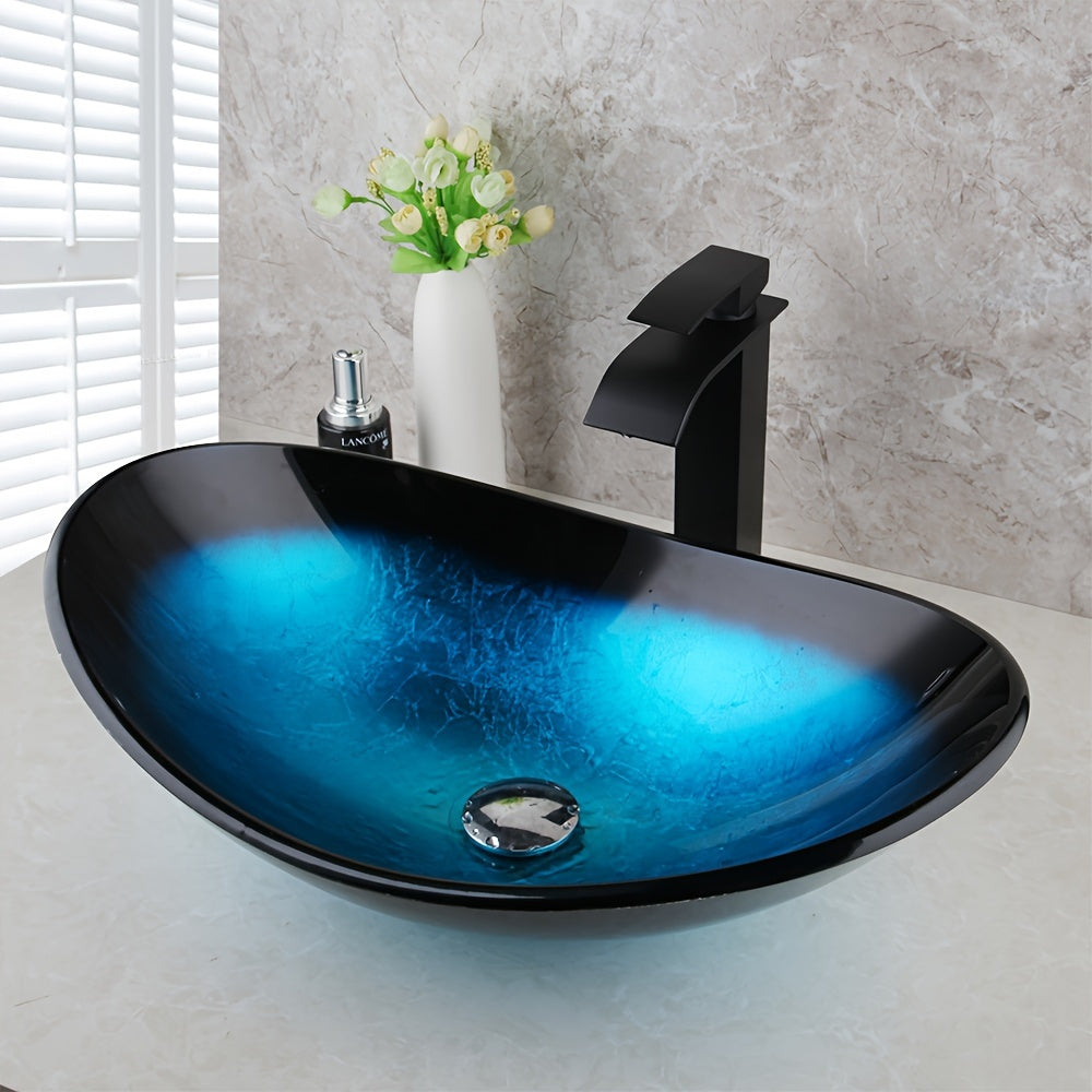 Contemporary Oval Bathroom Sink - Tempered Glass, Black & Blue with Waterfall Faucet and Pop-Up Drain, Durable Countertop Basin