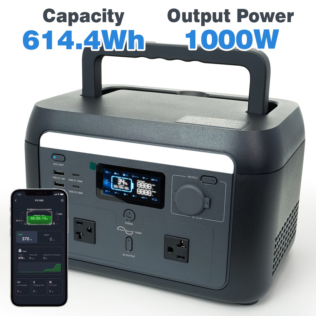 Portable Power Station: 1000W, Peak 1600W, 614.4Wh, LiFePO4 Battery Generator, 1.5 Hrs Fast Charging, Solar Generator, UPS Function, Support Extra Battery – For Camping & RVs, Off-Grid Power Outage, Home Emergency Backup, Outdoor Emergency Situations