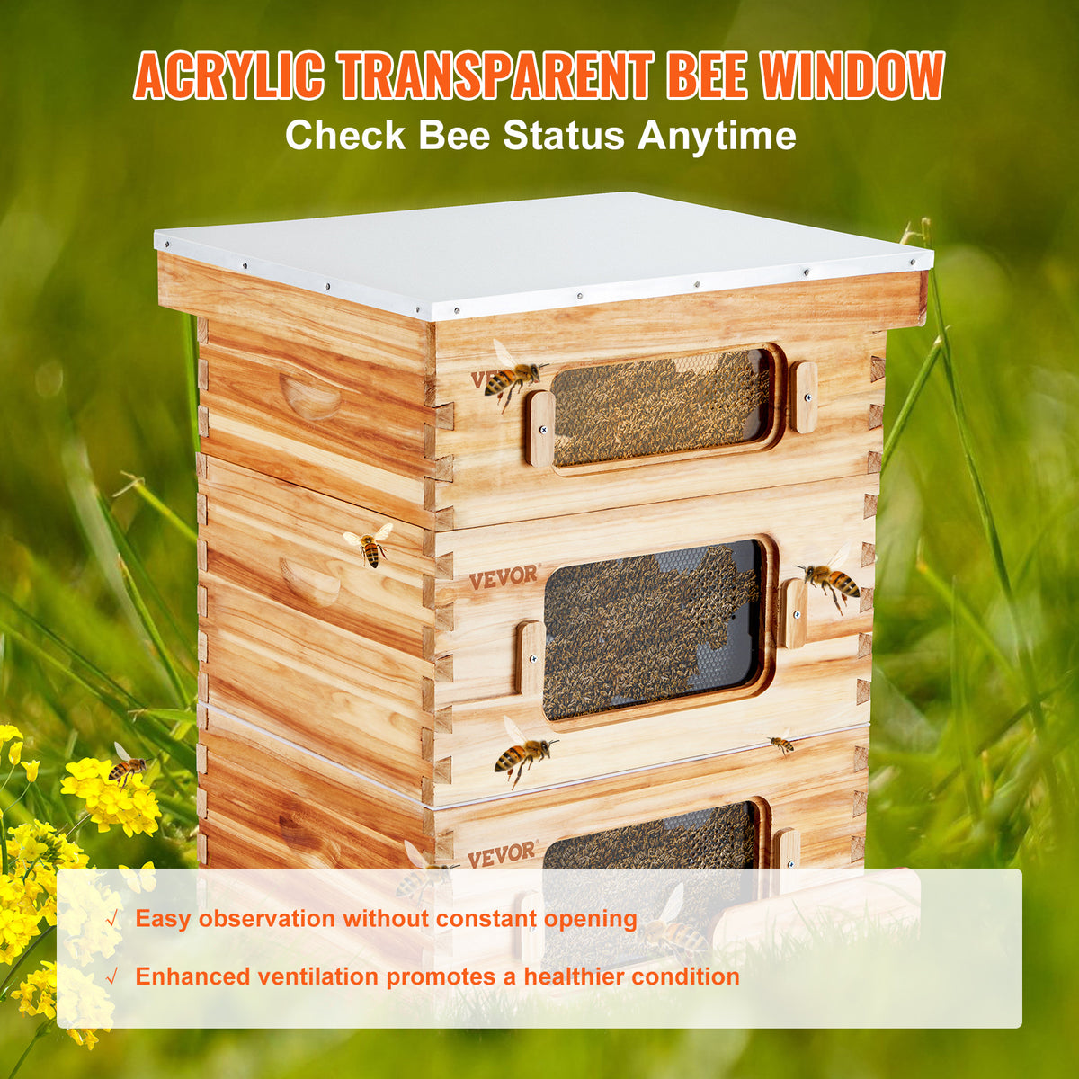 VEVOR Bee Hive 30 Frame / 40 Frame Bee Hives Starter Kit, Beeswax Coated Fir Wood, 2 Deep + 1 Medium / 2 Deep + 2 Medium Bee Boxes Langstroth Beehive Kit, Transparent Acrylic Windows with Foundations for Beginners Pro Beekeepers