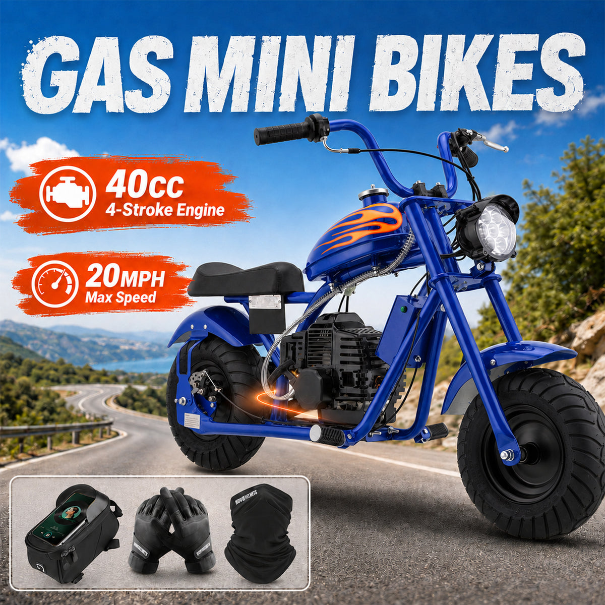 Mini Off-Road Dirt Bike, DB004 Model 40 CC 4-Stroke Gas Chopper Bike with Off-Road Tire, Disc Brakes, Led Headlight, Max Load 160Lbs, Up to 20Mph
