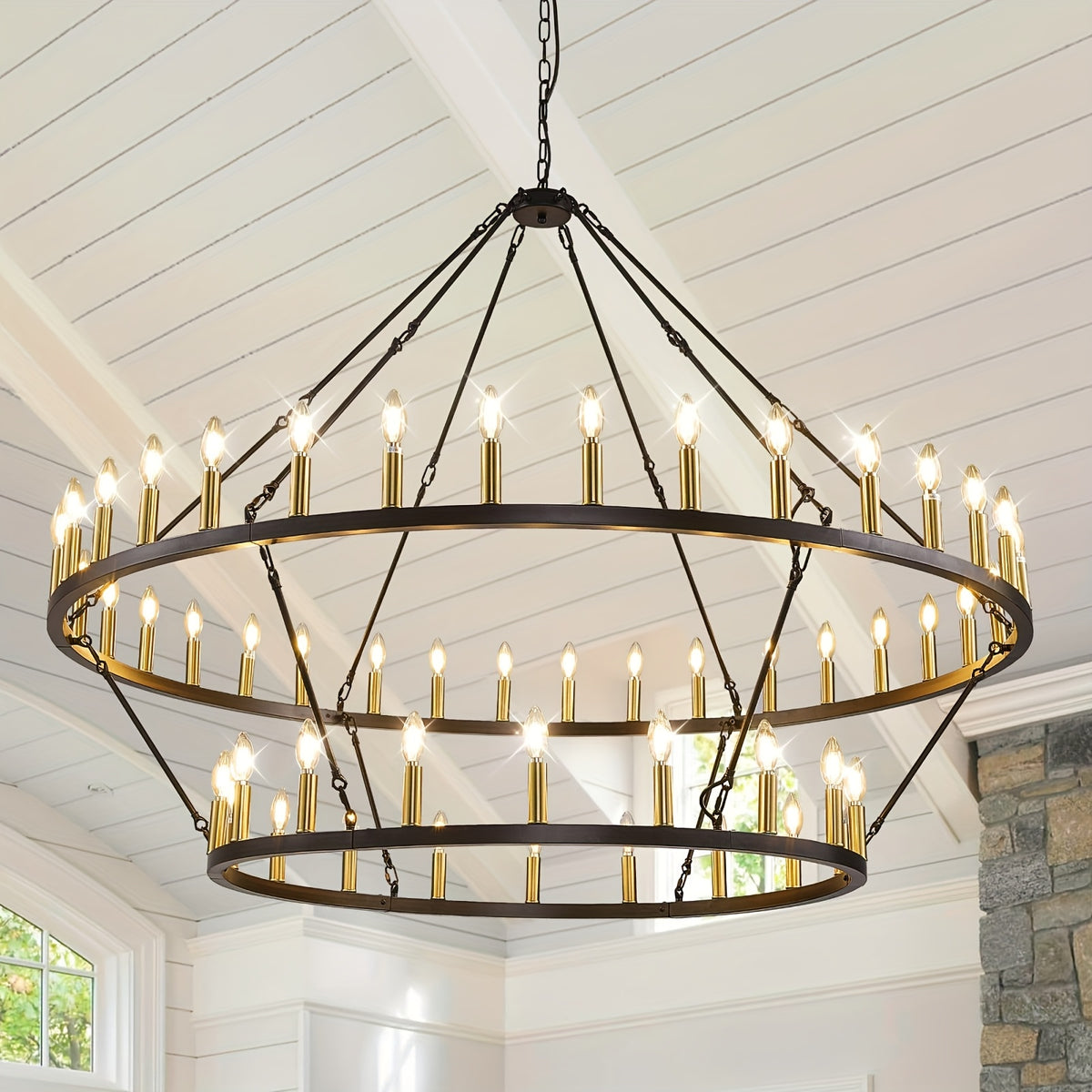 [Modern Farmhouse Chandelier] Modern Farmhouse Chandelier 2 Tier Round Wheel Chandelier Large High Ceiling Light