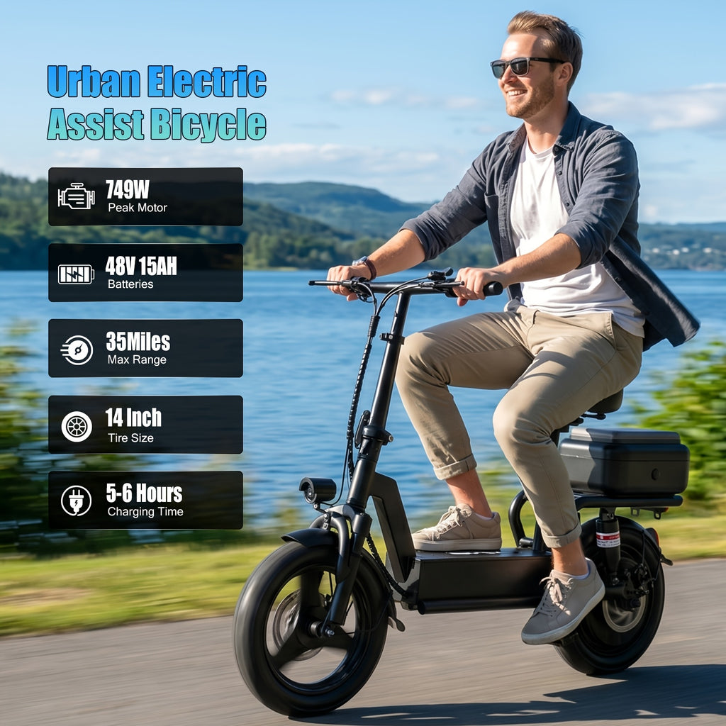 749W Peak Power, 48V 15AH Electric Scooter for Adults, 19.9MPH with Seat and Basket, 35 Miles Range, 14-inch Tires - the Ideal Companion for Your Commuting and Shopping Needs!