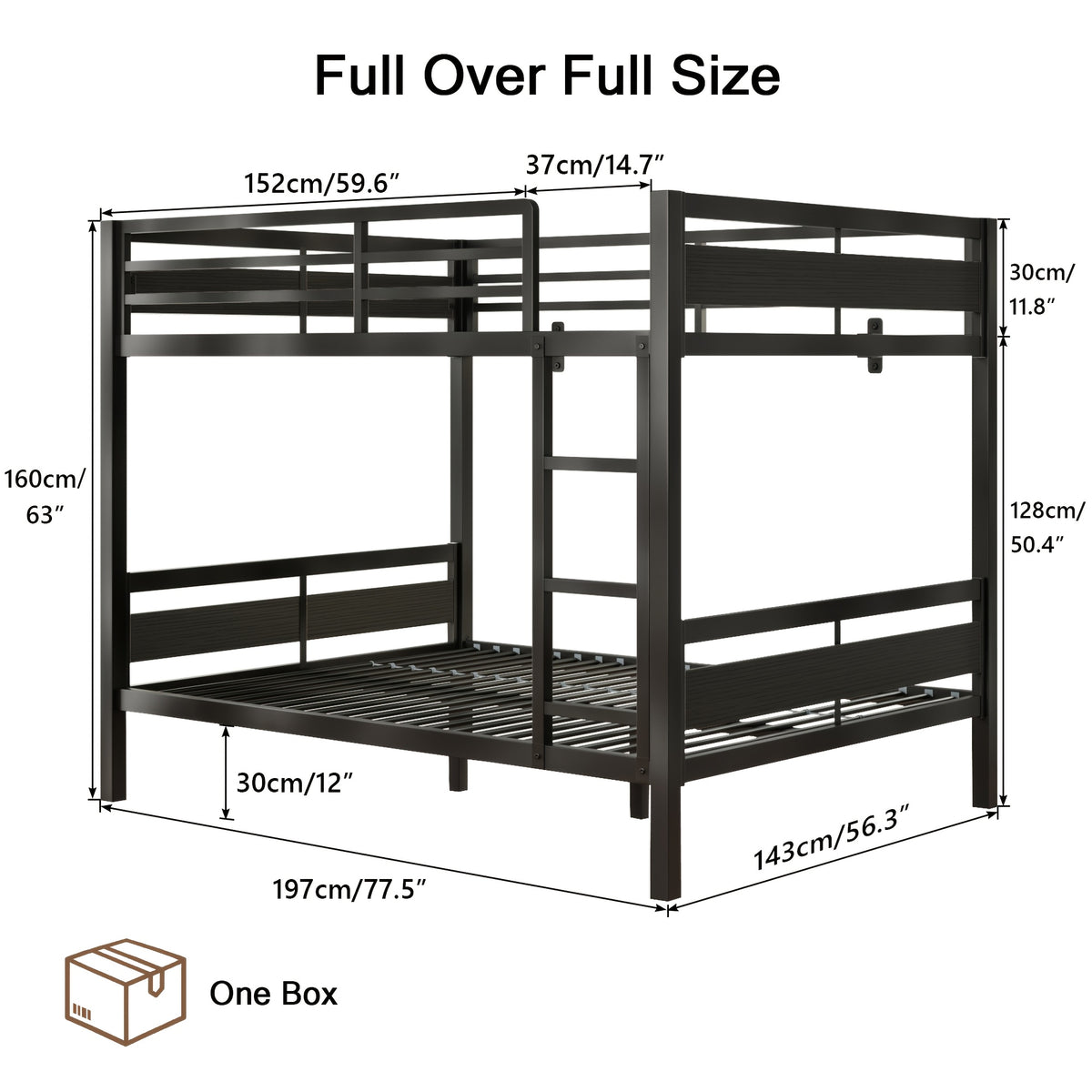 77.5"L Heavy Duty Metal Bed Frame, Twin Over Twin Or Full Over Twin Bunk Bed with Full Length Guardrails And Ladder, Black/Rustic Brown/White Options, Easy Assembly, Suitable for Shared Bedrooms, Bed Frame Without Mattress