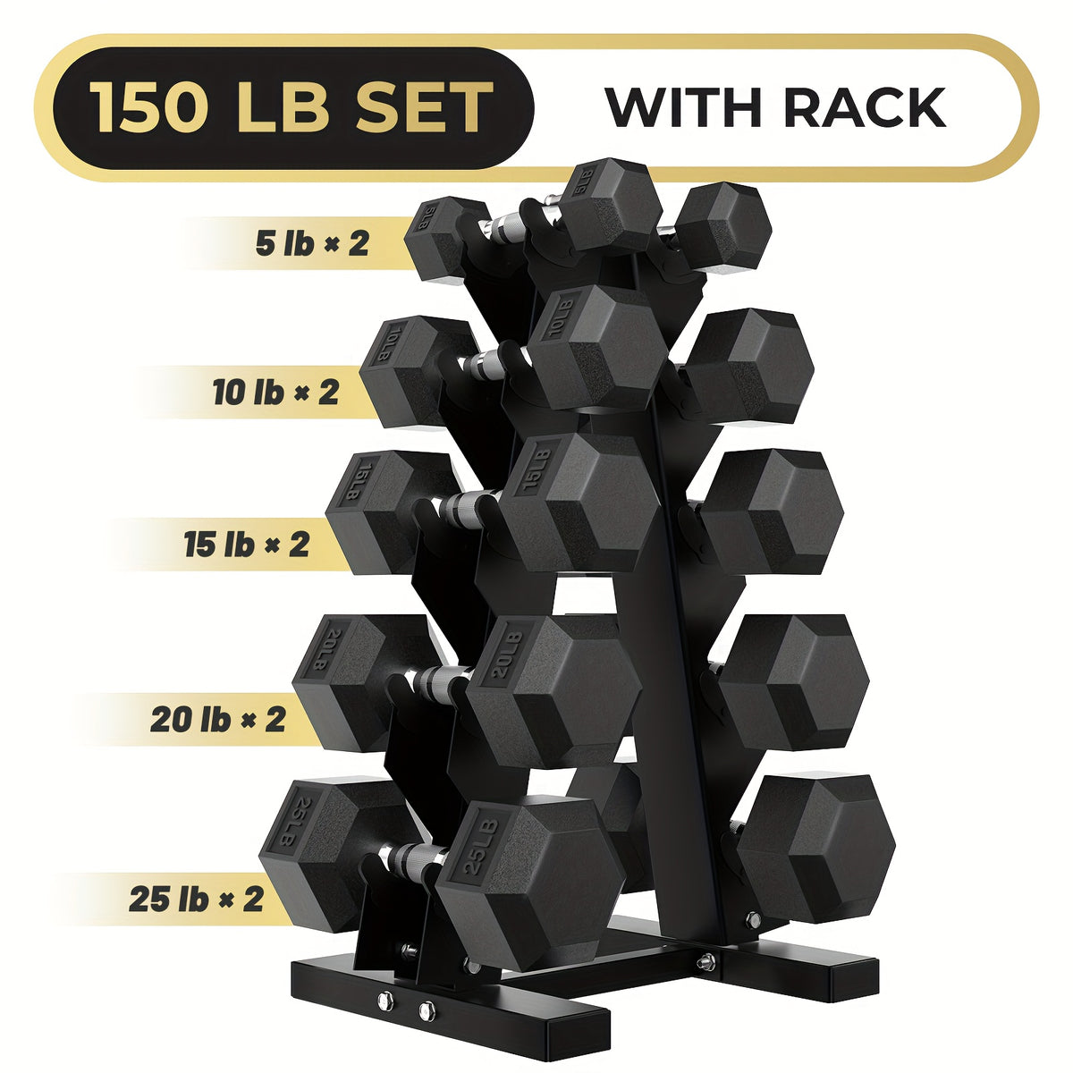 Dumbbell Set, Rubber Coated Hex Weights with Rack for Strength Training and Home Gym Exercise, 60-230 lb Options