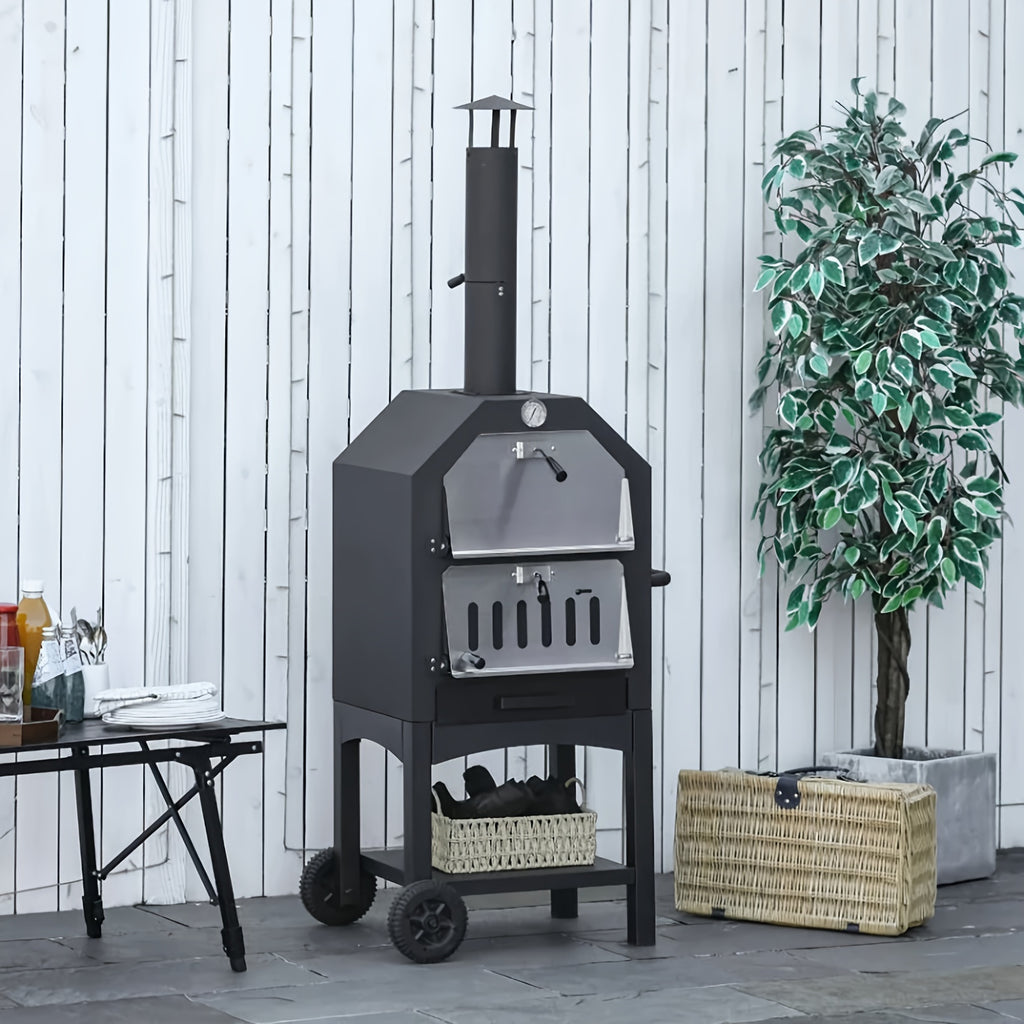 Outdoor Wood-Fired Pizza Oven with Built-In Thermometer, Pizza Peel, Cooking Grates, Stone Plate, And Cover Perfect for Pizza, Grilling, And Roasting