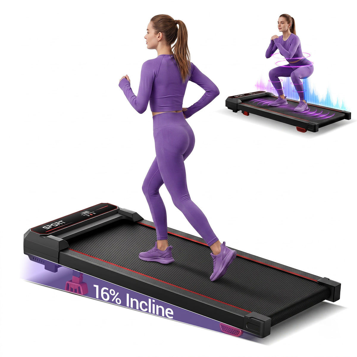 5-in-1 Walking Pad with 16% Incline & Vibration Plates – 300 lbs Capacity, Quiet 3.0HP Under Desk Treadmill for Home Office