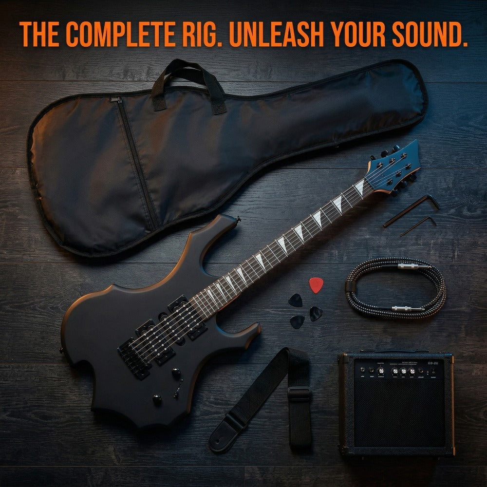 39 Inch Full-Size Matte Black Flame Electric Guitar Starter Kit with H-S-H Pickups, Techwood Fingerboard & Built-in Amp Suitable for Practice, Recording, Performances - Complete Guitar System for Beginners