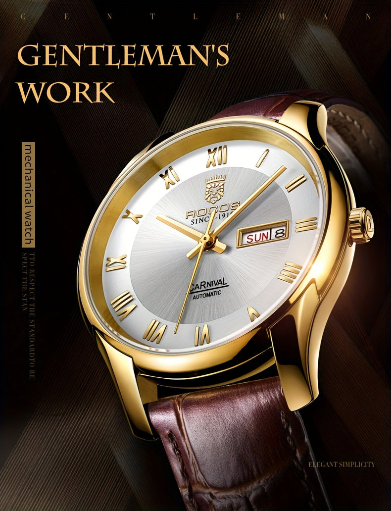 ROCOS Brand Luxury Golden Men's Watches High-end Business Simple Fashion Men's Watches Automatic Mechanical Watches Sun Pattern Brushed Dial Calfskin Strap Waterproof Men's Watches Week Calendar Display Gifts for Men