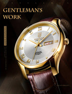 ROCOS Brand Luxury Golden Men's Watches High-end Business Simple Fashion Men's Watches Automatic Mechanical Watches Sun Pattern Brushed Dial Calfskin Strap Waterproof Men's Watches Week Calendar Display Gifts for Men