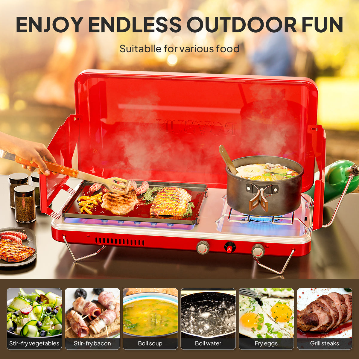 MEFEIR 2-in-1 Camping Stove with Propane Oven, Portable 2 Burner Stove & Outdoor Oven Combo with Auto-ignition & Thermometer for Camping Backyard Picnic