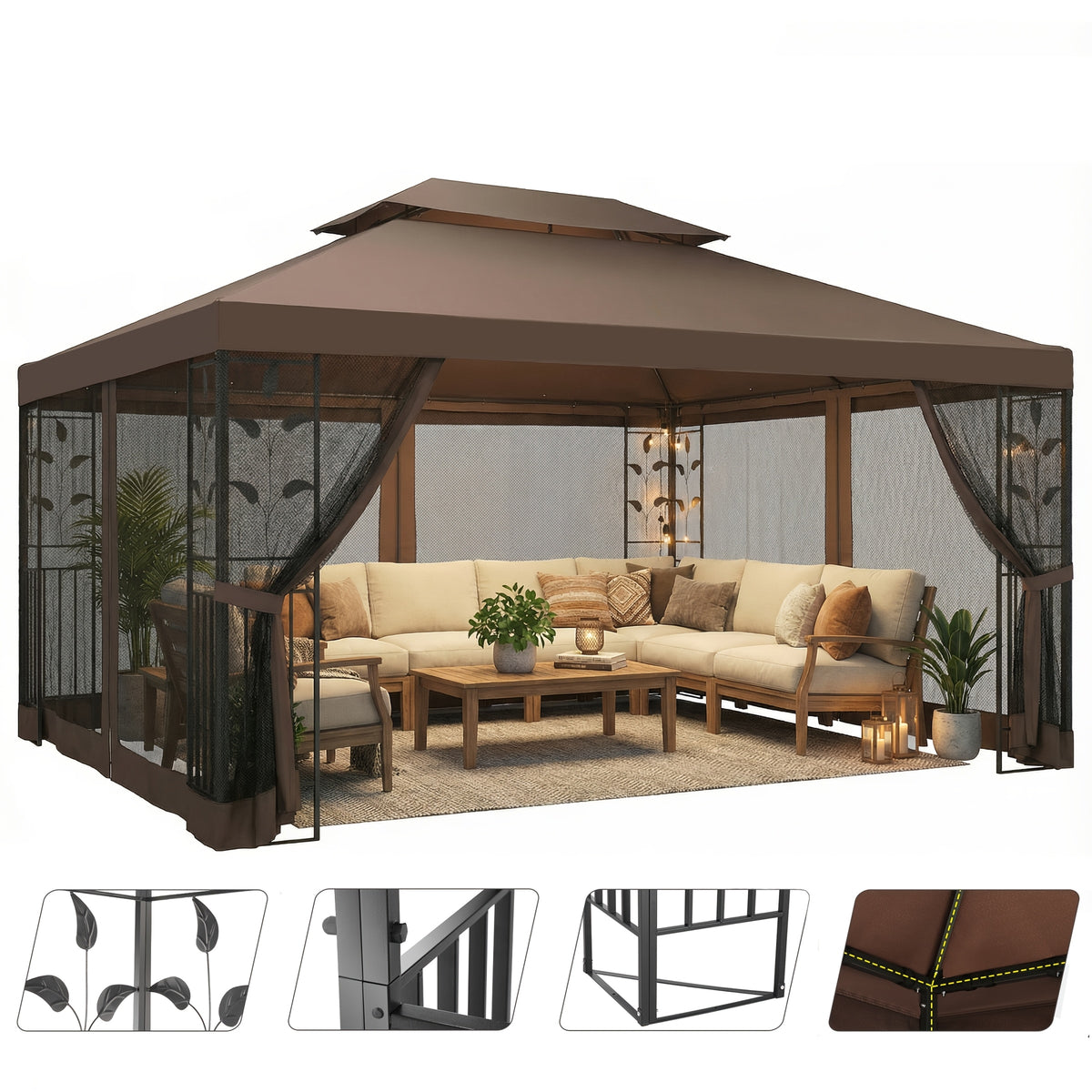 10×13ft Wedding Party Canopy, Outdoor Folding Gazebo, With 4 Detachable Mosquito Net Walls, With Ground Stakes, Easy Set Up, Sun Protection, Double Roof Design, Suitable For Garden, Courtyard, Outdoor, Villa, Terrace, Deck, Birthday Gift, Game Tent