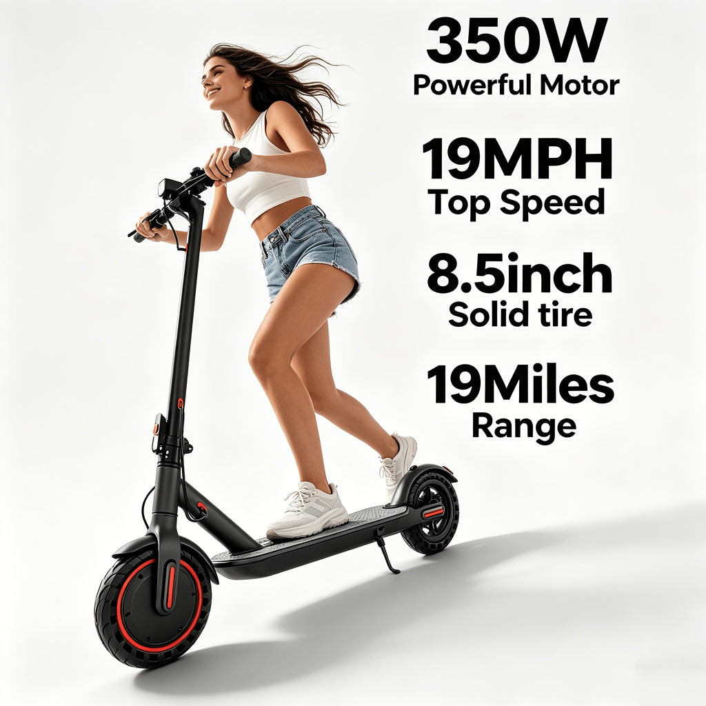 350W Motor Foldable Electric Scooter for Adults, 8.5 Inch Anti-Slip Solid Tyres, 19MPH Max Speed & 3 Speed Modes, New Upgraded Version with Reinforced Brake System, Stable Riding, Durable Aluminum Alloy Body, Ultra Comfortable Commuter E-Scooter