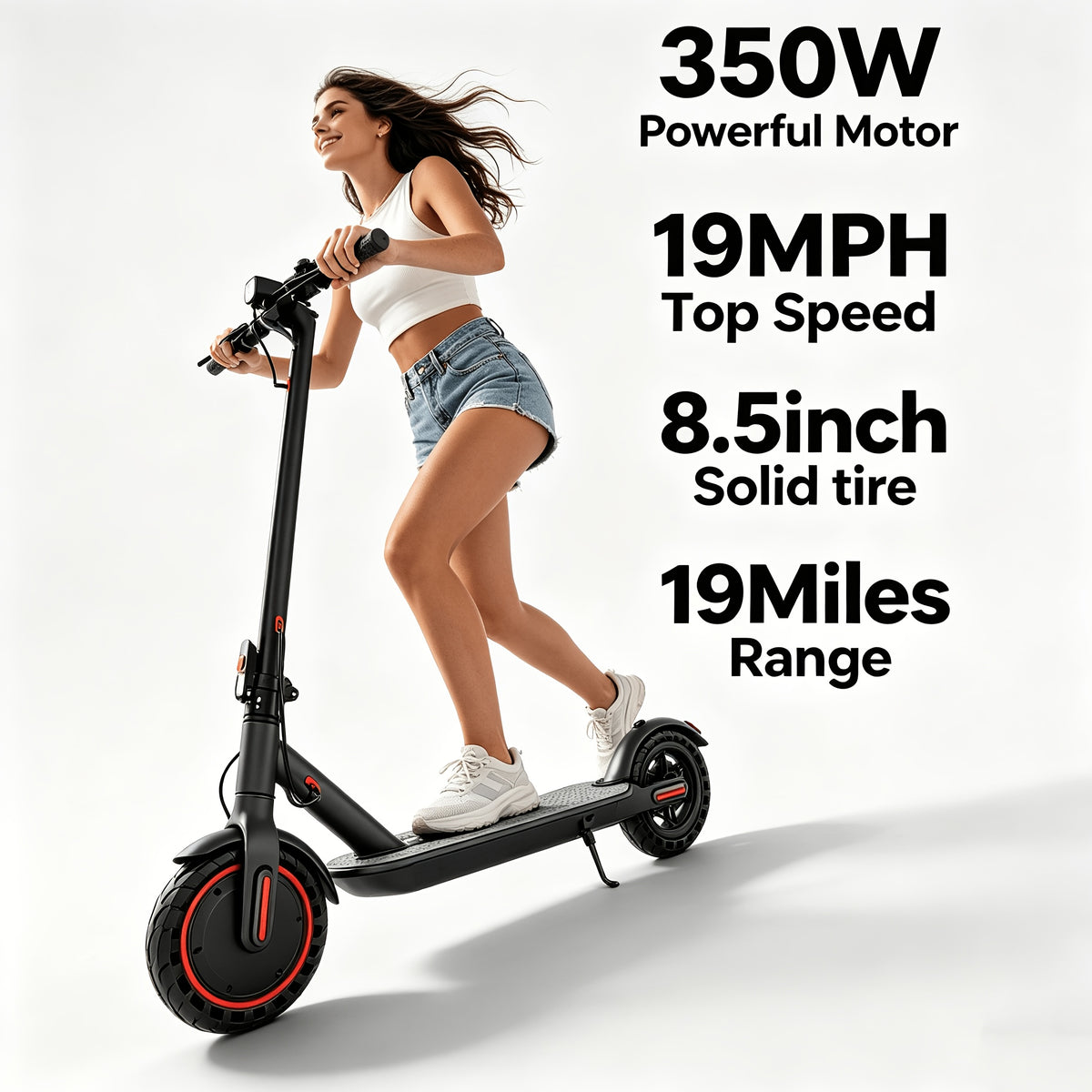 350W Motor Foldable Electric Scooter for Adults, 8.5 Inch Anti-Slip Solid Tyres, 19MPH Max Speed & 3 Speed Modes, New Upgraded Version with Reinforced Brake System, Stable Riding, Durable Aluminum Alloy Body, Ultra Comfortable Commuter E-Scooter