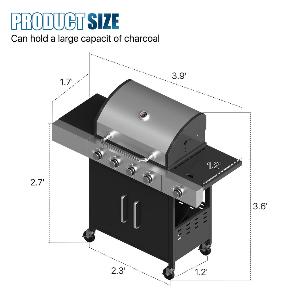 Upgraded 44000-49000 BTU 4-1 Burner Propane Gas Grill with Side Burner, Top thermometer, Outdoor BBQ Grill with Cast Iron Grates & Side Tables, 625 sq.in. Large Grilling Space for Summer Parties, Ideal for Backyard Patio & Camping, Black