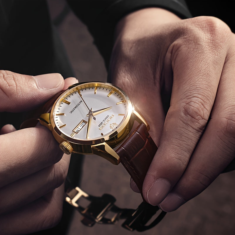 ROCOS Men's Watches High-end Business Watch for Men Automatic Mechanical Watch Classic Big Three Hands Golden Case Calfskin Strap Double Push Butterfly Buckle Calendar Day Of The Week Gift for Boyfriend