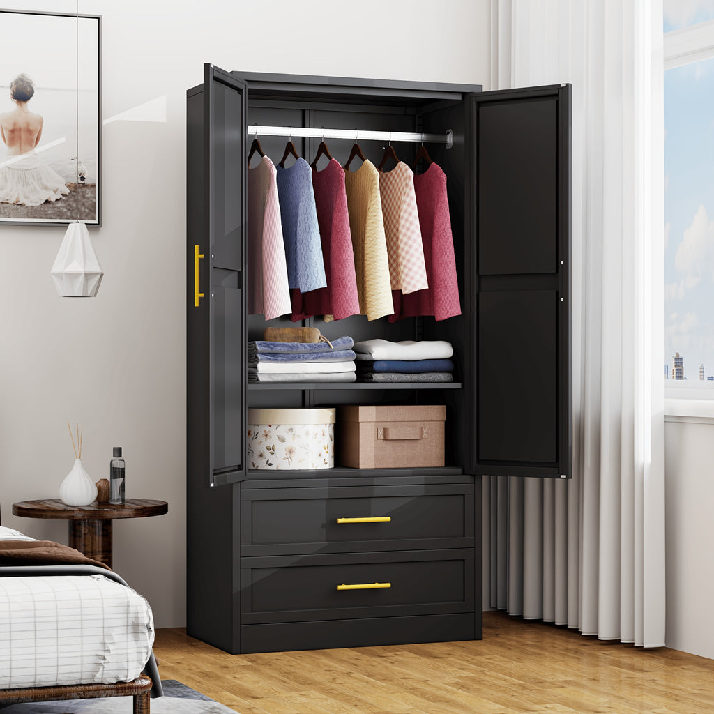 71" Metal Armoire with 2 Doors, Hanging Rod, 2 Drawers And Adjustable Shelf - Clothing Storage Cabinet for Bedroom, Gym, Cloak Room