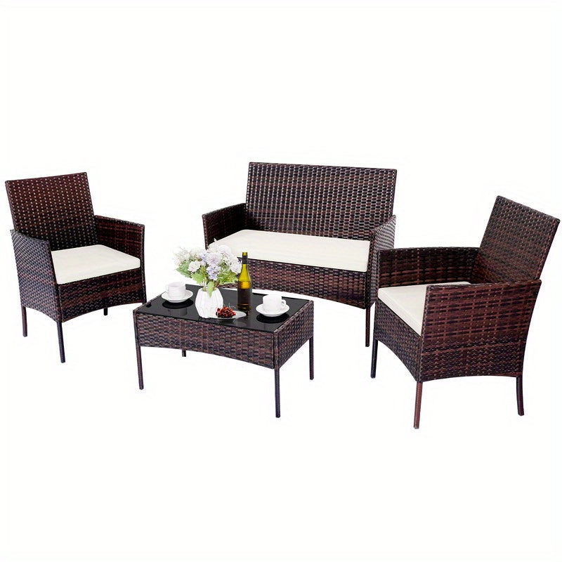 PUPATIOB 4pcs Wicker Patio Conversation Set, Outdoor Rattan Sofas with Table Set, Patio Furniture Set with Soft Cushions & Tempered Glass Coffee Table for Poolside Balcony