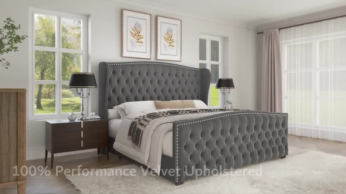 Handcrafted Velvet Bed Frame Featuring a Wingback Headboard, Adorned with Button Tufting And Nailhead Accents, Supported by Wooden Slats.