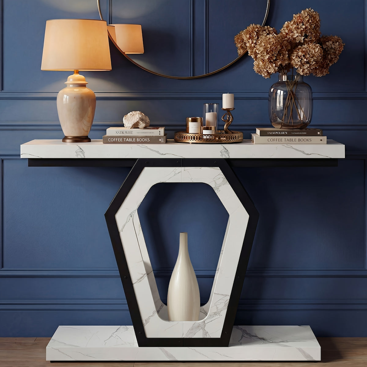 47.3" Modern Console Table with White Marble Texture, Narrow Sofa Table for Entryway & Hallway, Slim Behind Couch Table with Openwork Bracket, Foyer Table for Living Room, Easy Assembly