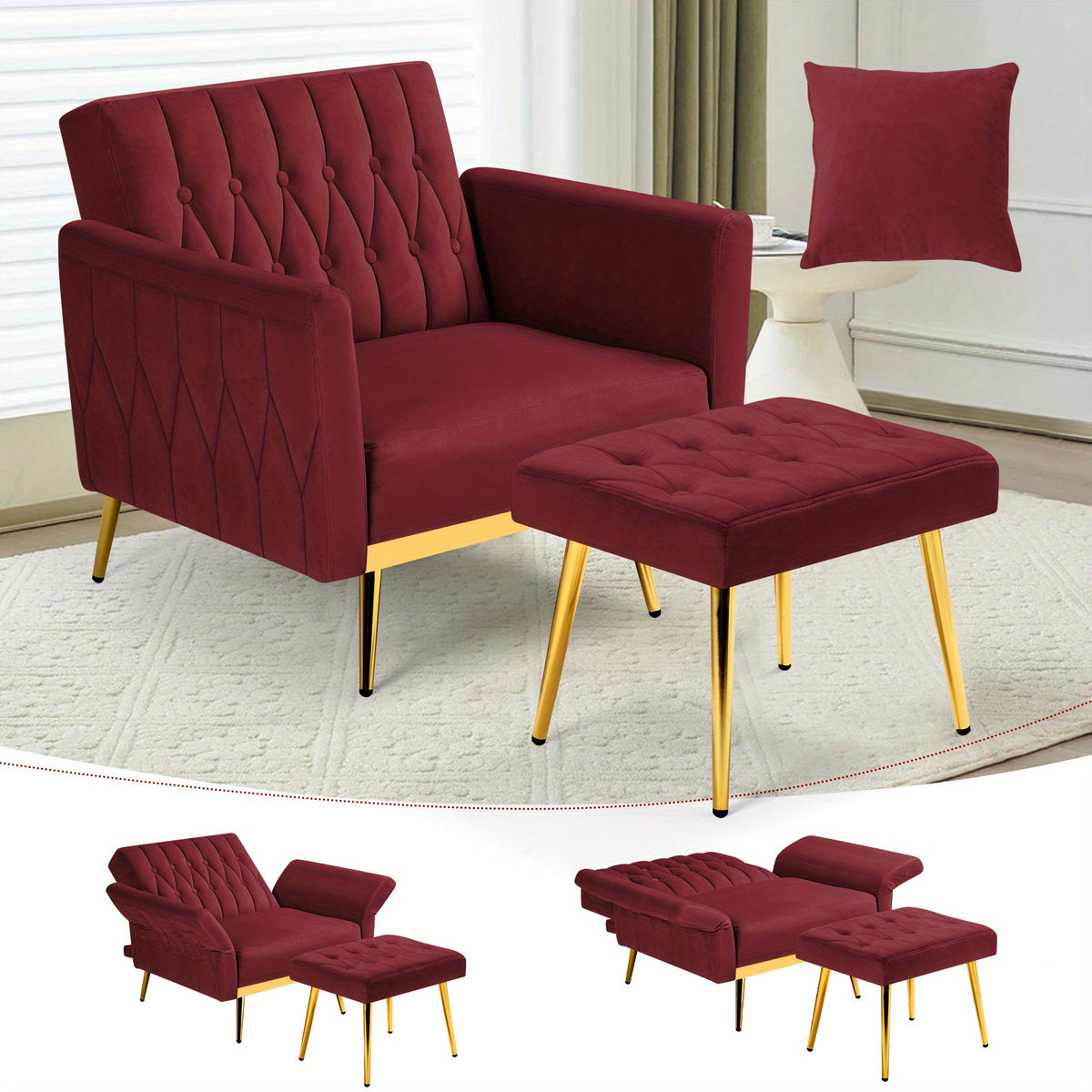 ACMEASE 31.5 Inch Velvet Adjustable Accent Chair with Ottoman & Pillow, Tufted Single Sofa Chair with Golden Metal Legs for Living Room