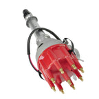 HEI Distributor Small Cap For Chevy 327 And 350 with Red Coil And 8.5Mm Wires Positioned Beneath The Exhaust