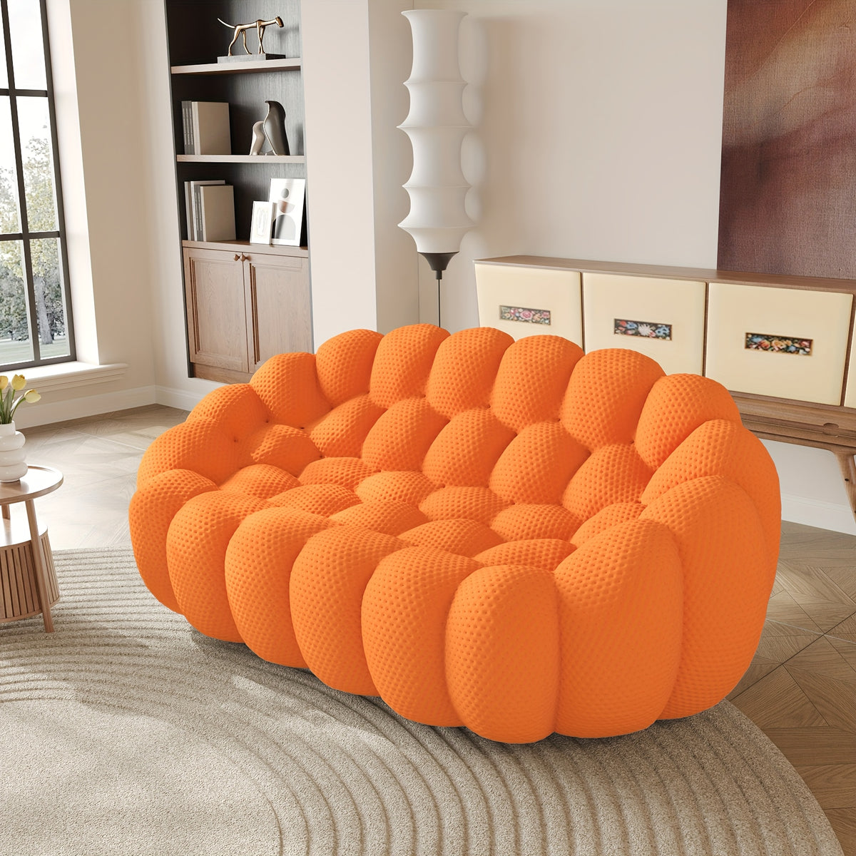 100.03'' Modern Upholstered Curved Sofa, 3 Seater Mesh Fabric Floor Sofa, 3D Honeycomb Shape Curved Couch for Living Room