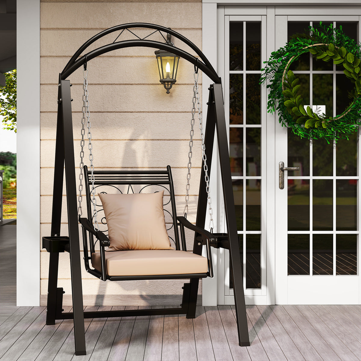 Outdoor Porch Swing with Stand for Adults, Patio Swing Chair with Removable Cushions and Side Tables for Garden, Balcony, Backyard and Poolside