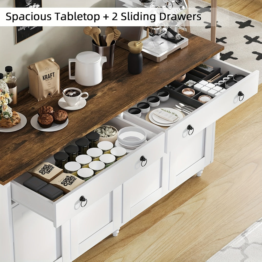 55-Inch Sideboard Buffet Unit, Mid-Century Kitchen Storage Cabinet Featuring 2 Drawers And 4 Doors, Coffee Bar Storage Cabinet