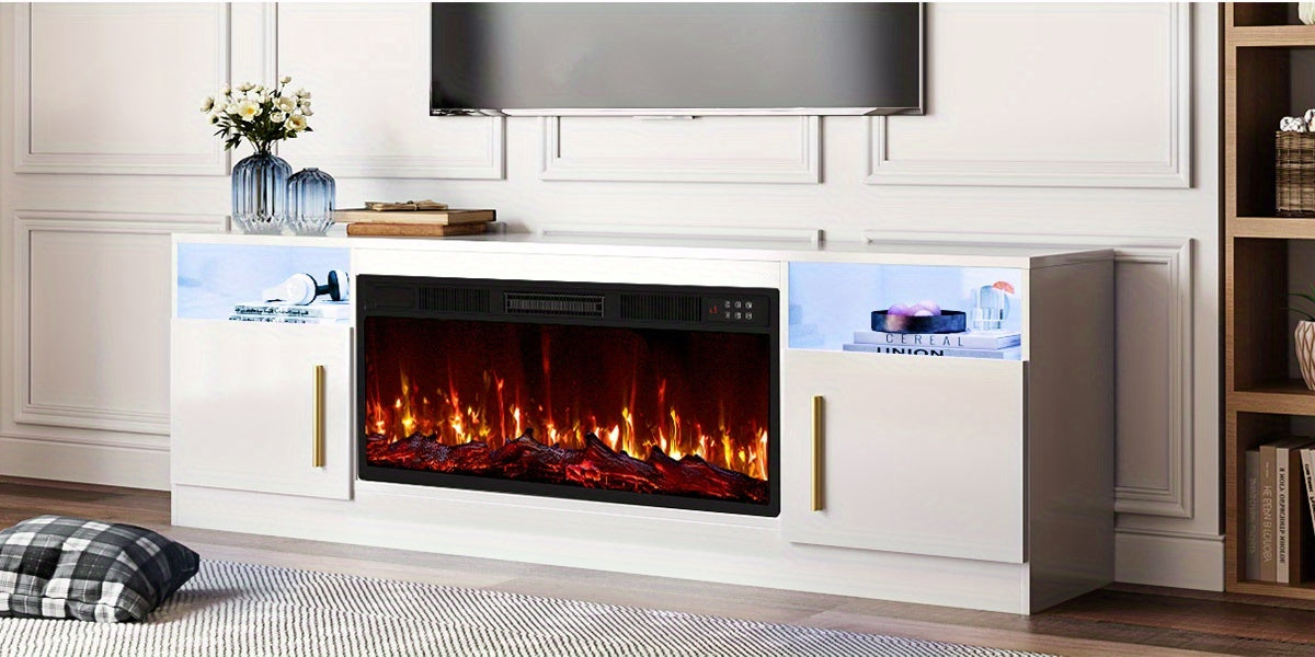 Fireplace Tv Stand with 36 Inch Fireplace Up to 80" TVs, LED Light Entertainment Center And Storage, 70" Modern Wood Media TV Console with Highlight Cabinet for Living Room