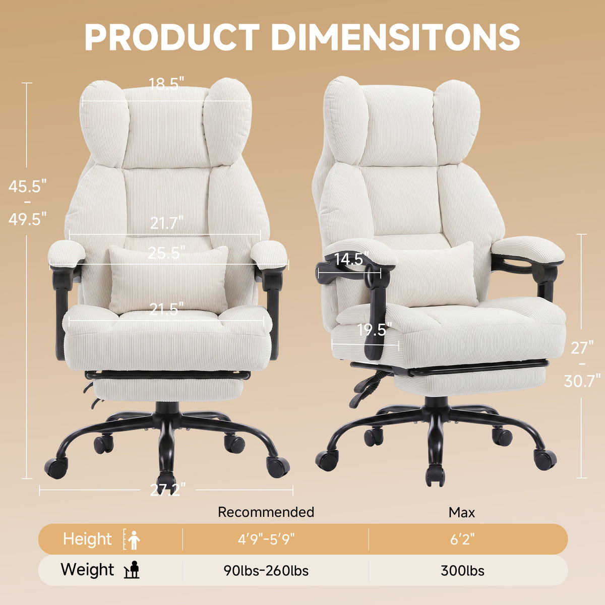Ergonomic High Back Office Chair with Linkage Widened Armrest, Big&Tall Executive Office Chair, Gaming Chair, Thick Pocket Spring Wide Seated Cushion, Desk Chair with Retractable Footrest for Adults, Faux Leather/Corduroy/Fabric, OC-305