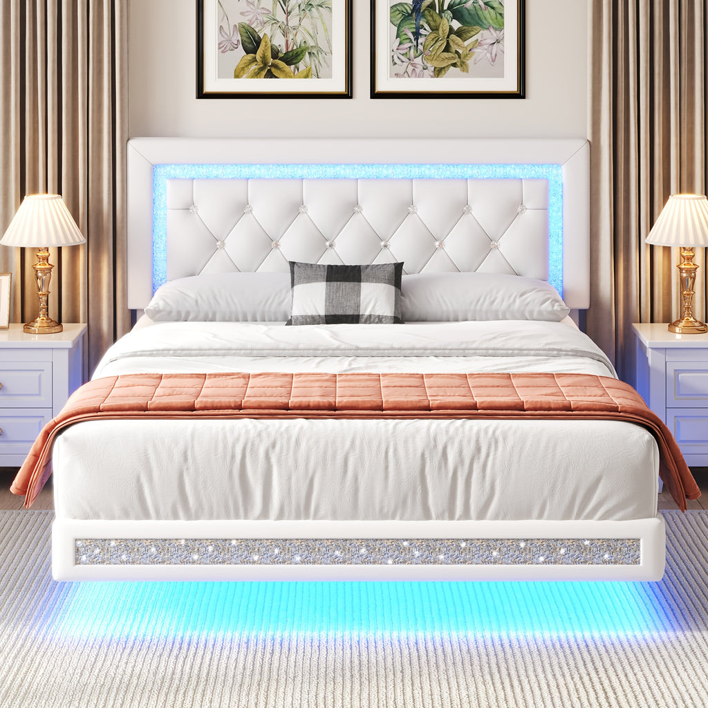 MRAEER Diamond Quilted Velvet Silent Full/Queen Bed Frame | LED Lights, Diamond Quilted Footboard, Adjustable Headboard, No Mattress Required, Easy Assembly, Available in Pink/White/Black, Powered, Contemporary Style, Christmas Gift