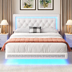 MRAEER Diamond Quilted Velvet Silent Full/Queen Bed Frame | LED Lights, Diamond Quilted Footboard, Adjustable Headboard, No Mattress Required, Easy Assembly, Available in Pink/White/Black, Powered, Contemporary Style, Christmas Gift