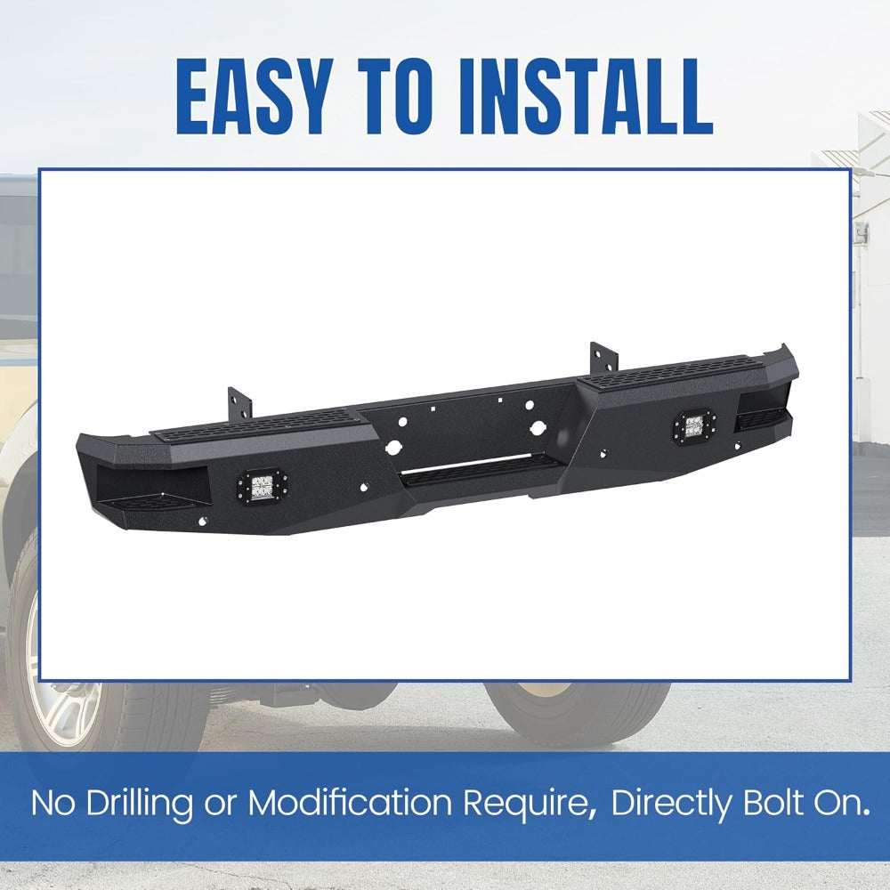 Heavy Duty Offroad Rear Bumper for 1999-2016 Ford F250 F350 Super Duty, Black Powder Coated Steel with 2 x 18W LED Lights