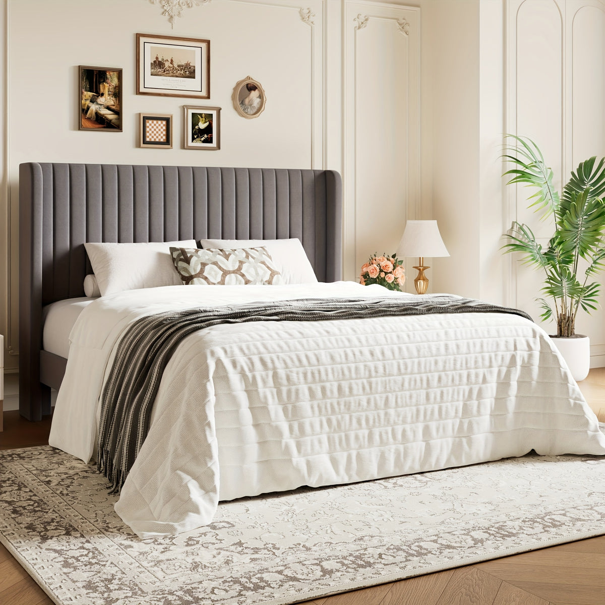 WEEWAY Wingback Velvet Upholstered Platform Bed Frame, Vertical Channel Tufted Headboard, Wooden Slats Support, Heavy Duty Mattress Foundation, No Box Spring Needed, Easy Assembly, Avabliable Full/Queen/King Size, Free Shipping