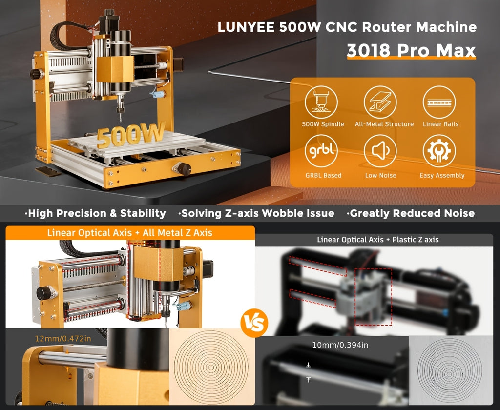 LUNYEE 500W All Metal CNC Machine, 3018 Pro Max CNC Wood Router Machine, 3-Axis Metal Milling Machine for Cutting Wood, Acrylic, PCB Plastic, Working Area: 300 X 180 X 80mm