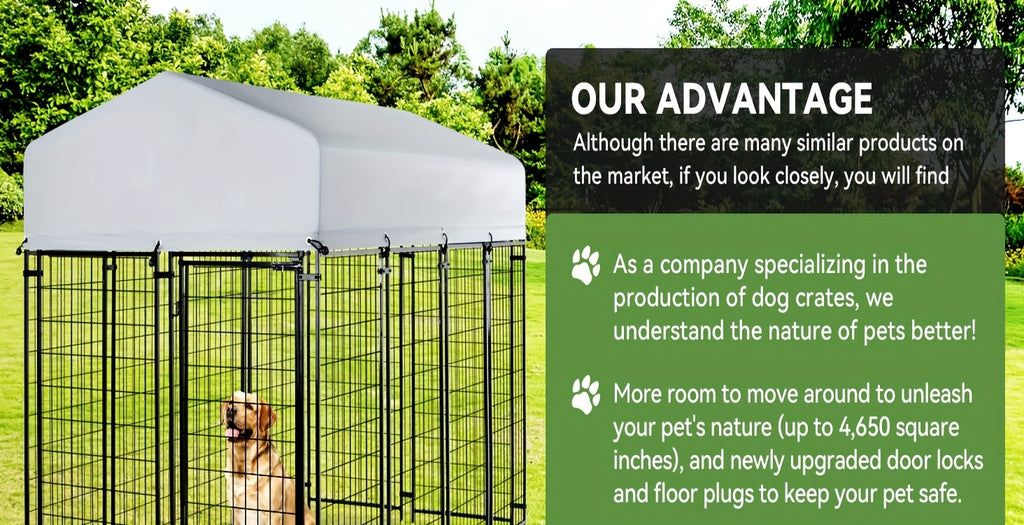 Heavy Duty Outdoor Dog Kennel for Large Dogs - Welded Steel Wire Playpen with Secure Lock, Waterproof Roof Cover & 2 Rotating Bowls, Easy to Assemble, Perfect for Small/Medium/Large Dogs