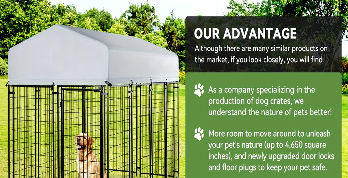 Heavy Duty Outdoor Dog Kennel for Large Dogs - Welded Steel Wire Playpen with Secure Lock, Waterproof Roof Cover & 2 Rotating Bowls, Easy to Assemble, Perfect for Small/Medium/Large Dogs