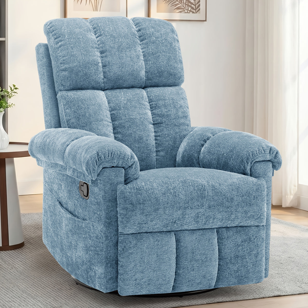 Living Room Single Chair, 360° Swivel Rocking Chair, Manual Rocking Chair for Small Spaces, Rocking Chair with Side Pockets And Armrest Storage, Deep Seat Cushion And Plush Backrest, Chenille Fabric, a Recliner Suitable for The Living Room