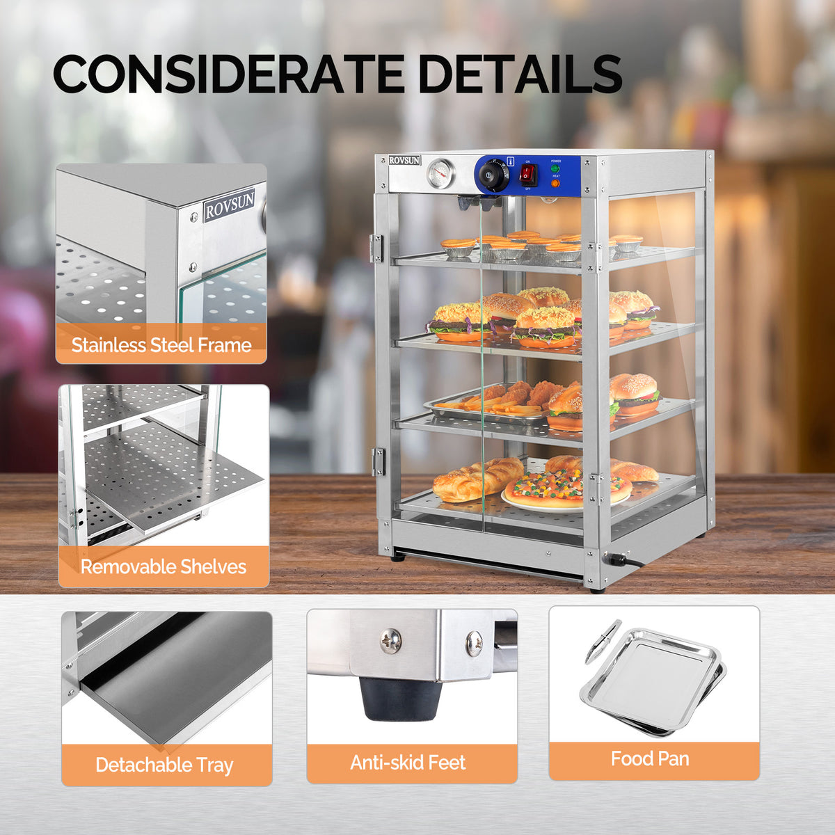 5-Tier Food Warmer Pizza Warmer Countertop, Food Warmer Display Pretzel Warmer with LED Lighting Removable Shelves Glass Door, Pastry Display Case for Buffet Restaurant Cafe, 110V 800W