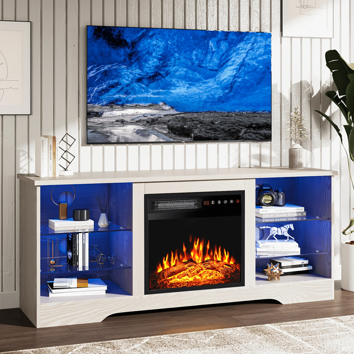 Modern TV Stand with Electric Fireplace - Black Media Console, Adjustable Glass Shelves & Storage Cabinets, Open Shelving, Sturdy Floor-Standing Entertainment Center for Living Room, Compatible with TVs, Gaming consoles, Streaming devices - Easy Assembly