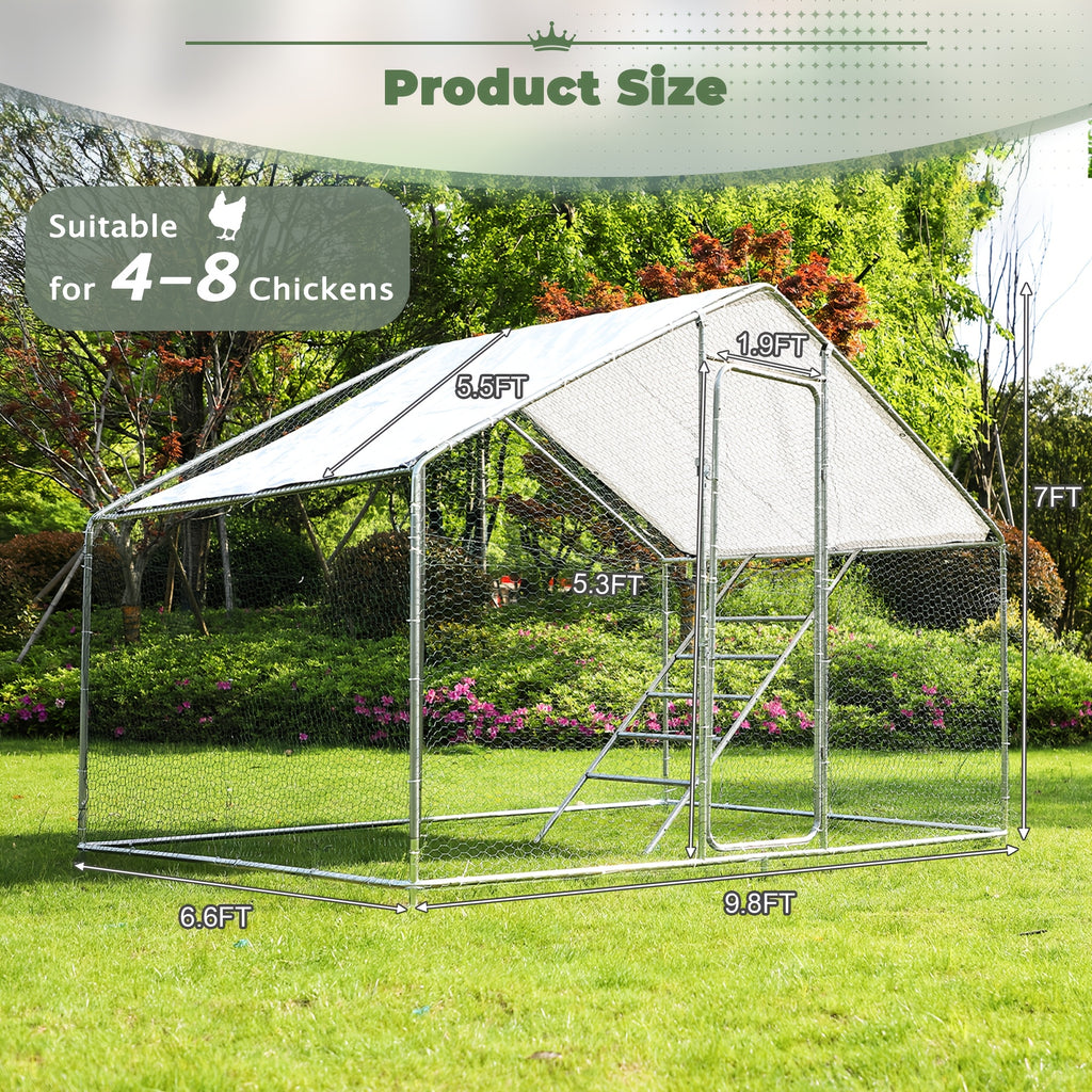 Large Metal Chicken Coop, 10X6.5X6.5Ft Chicken Runs for Yard with Cover, Walk-In Chicken Coop with Roosting Perch And Door