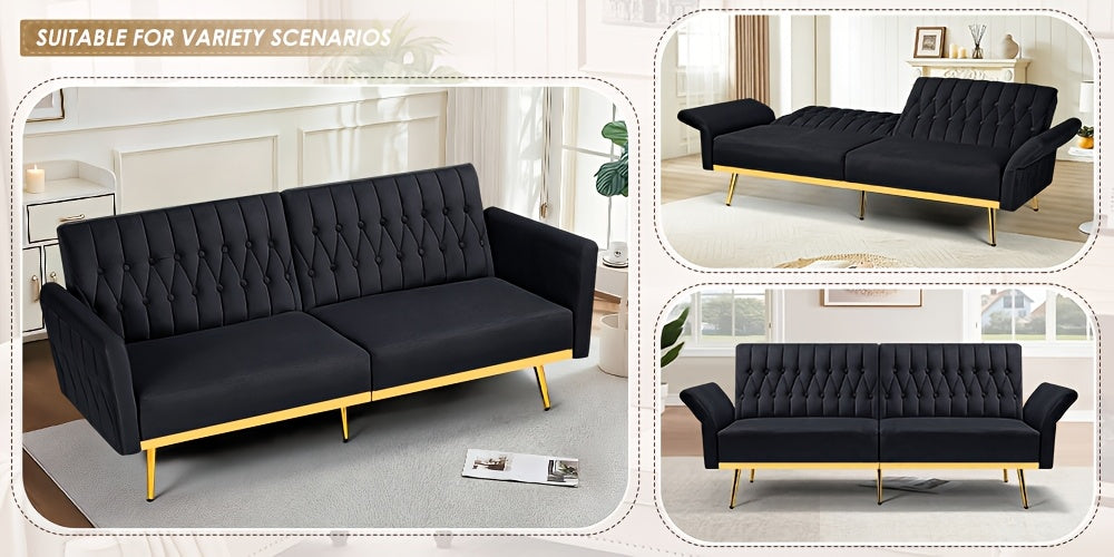 ACMEASE 70-Inch Velvet Convertible Sofa Bed with 2 Pillows, Adjustable Backrest And Armrest Tufted Sleeper Sofa with Golden Metal Legs for Living Room
