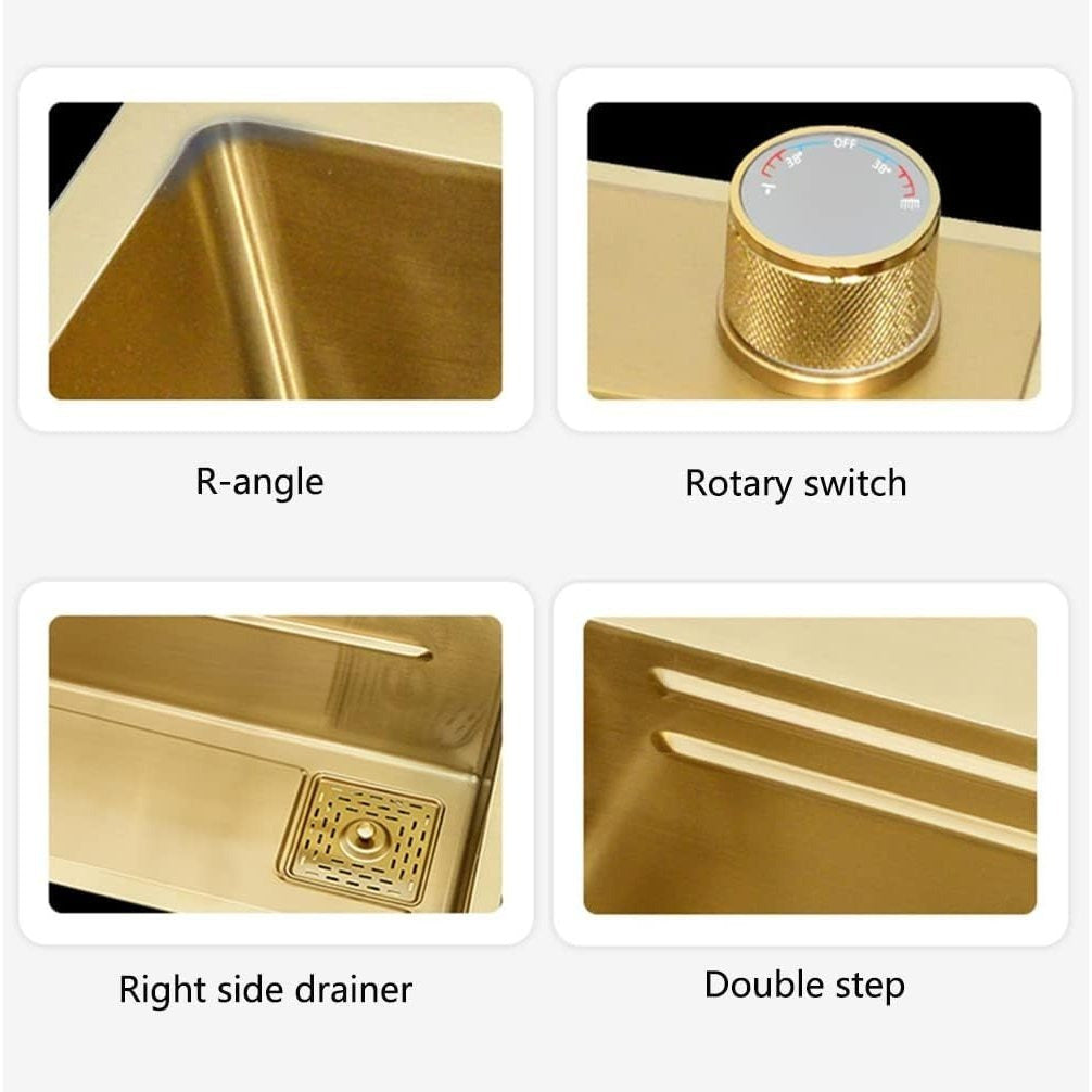 33x22 INCH Gold Flying Rain Drop In Stainless Steel Watefall Kitchen Sink Single Bowl with Pull Down Faucet Set