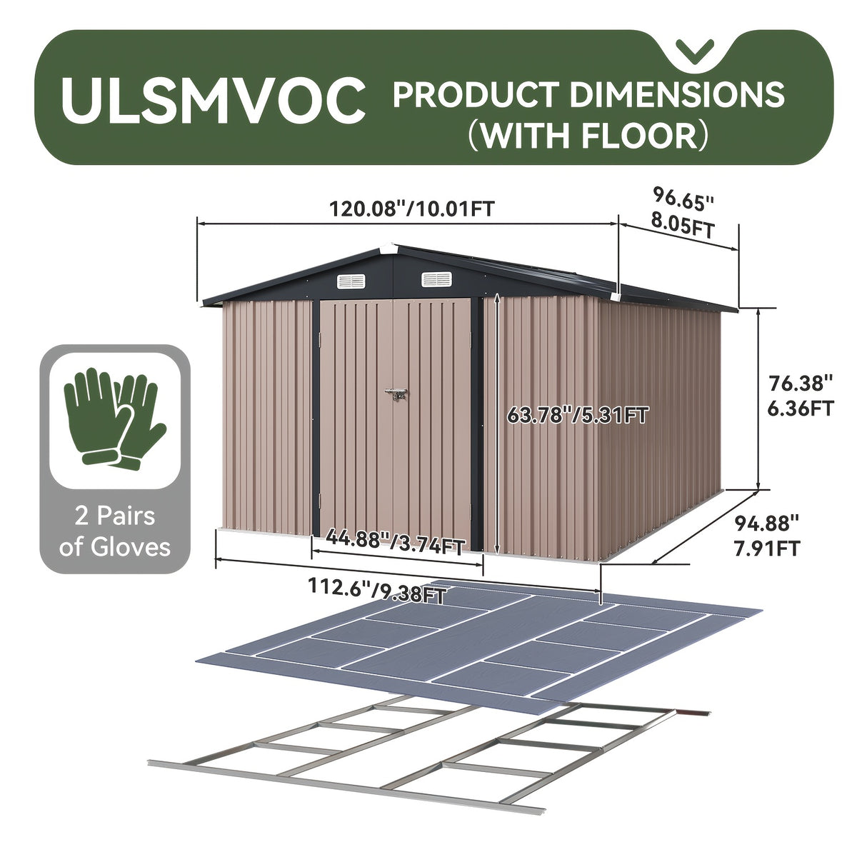 [Outdoor Storage Shed] ULSMVOC 10X12/10X8/8X6/6X4 FT Outdoor Storage Shed With Floor - Metal Garden Shed With Lockable Door And Sloped Roof For Garden, Backyard, Patio, And Backyard Brown