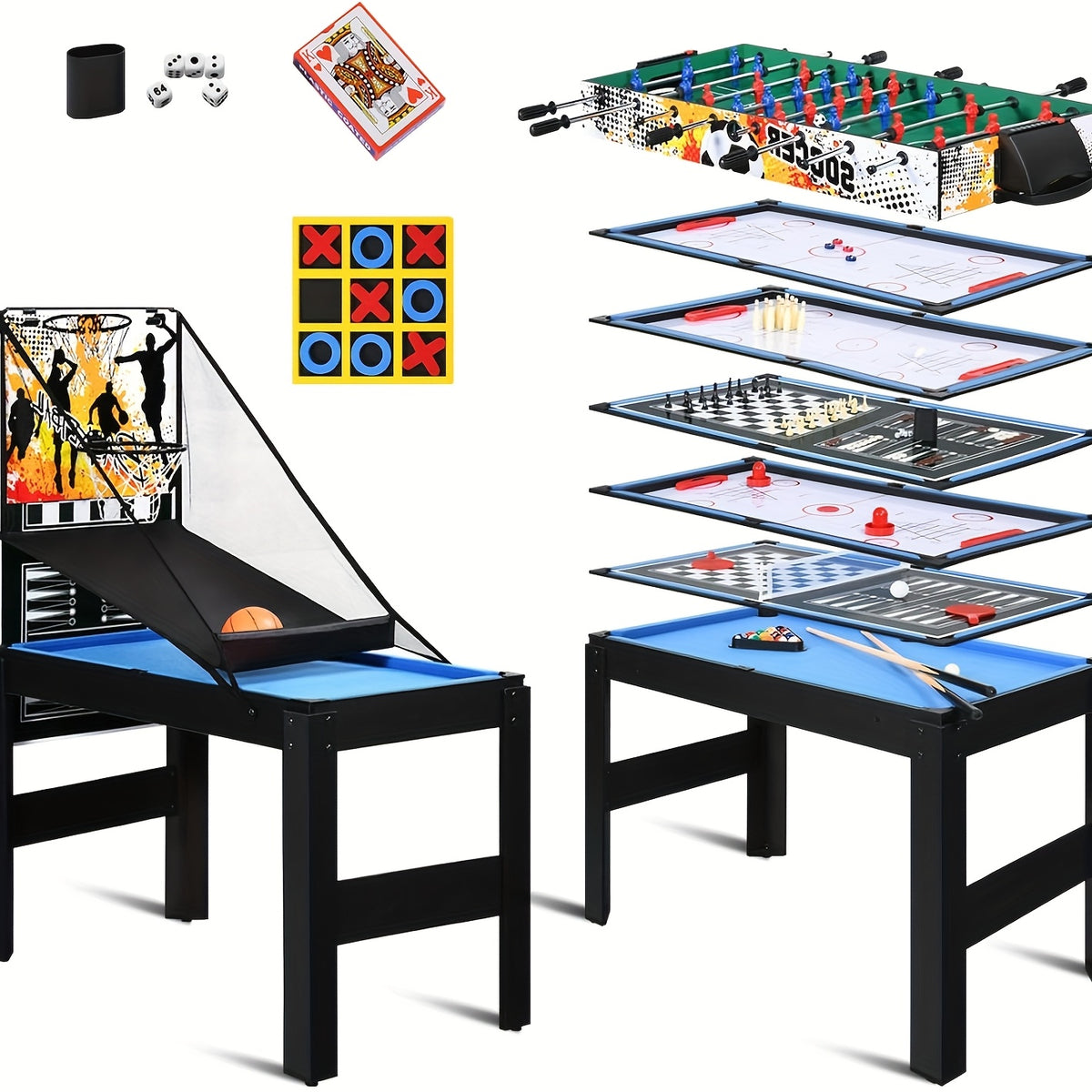 15-In-1 Combo Game Table Set for Home, Multifunctional Game Tables for Game Room, Indoor Game for Adults W/Foosball, Bowling, Basketball, Shuffleboard, Billiard, Hockey, Table Tennis, Chess, Backgammon, Checkers, Ring Toss