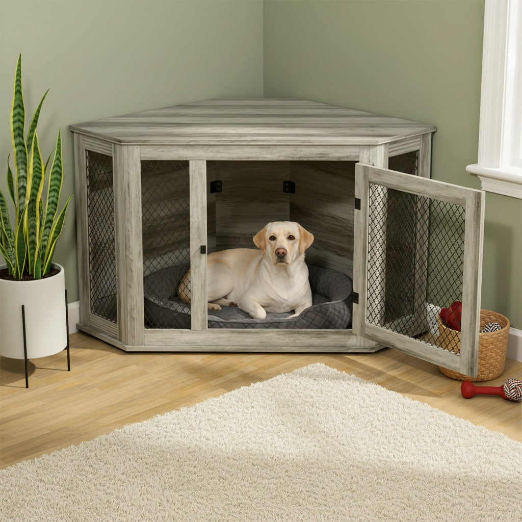Furniture Corner Dog Crate, 52" Wooden Dog Kennel Furniture End Table with Mesh, Indoor Pet Crate Side Table for Small Medium Dogs Puppy, Perfect for Limited Room